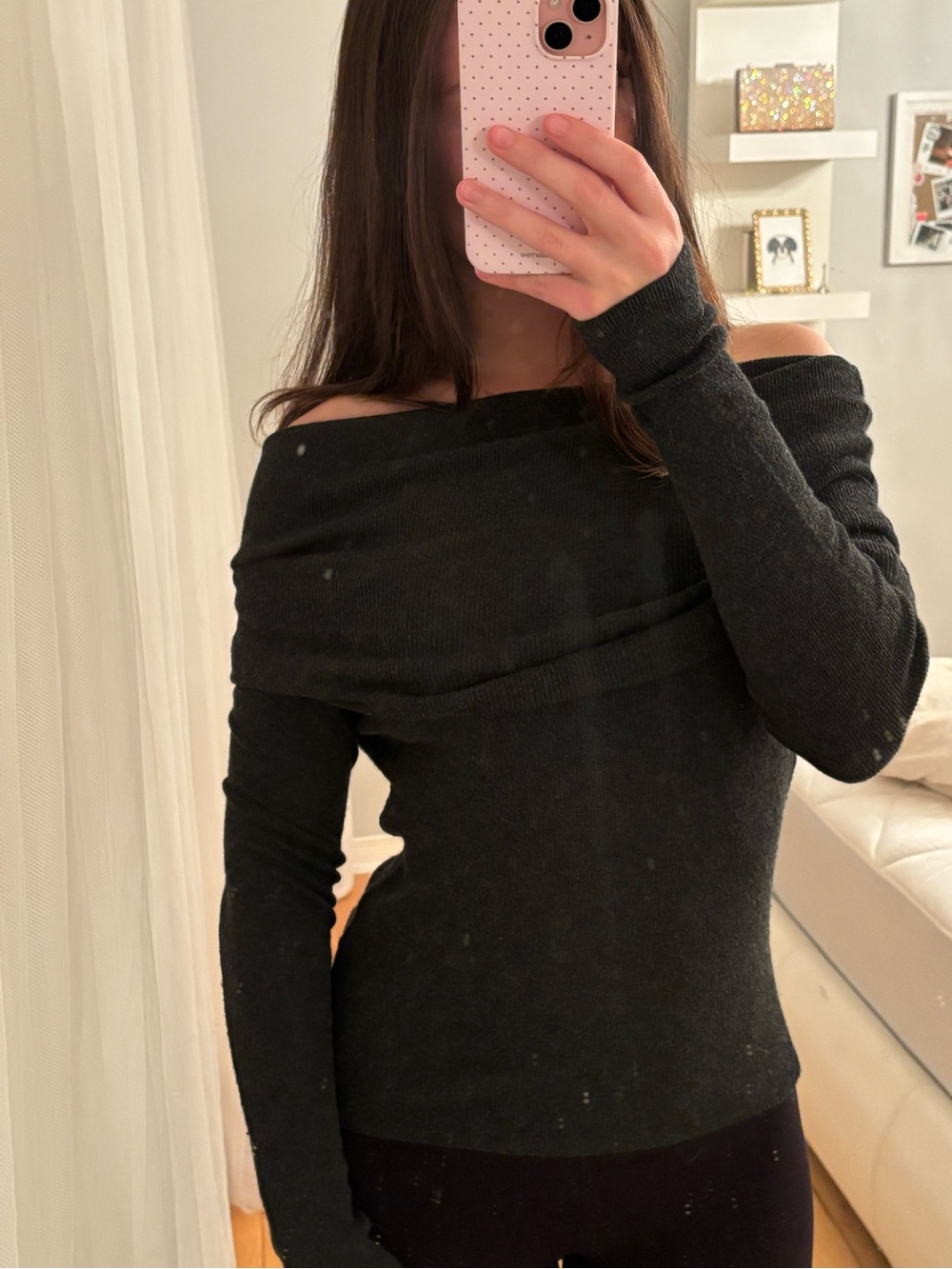 ZARA Off-Shoulder Long-Sleeve Sweater - Charcoal